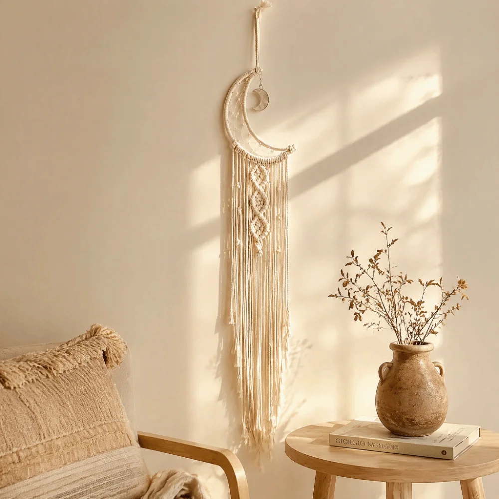 94x20cm Moon Dream Catchers White Cotton Macrame Macrame Dream Catchers with Tassel Alloy Accessories Boho Dream Catchers