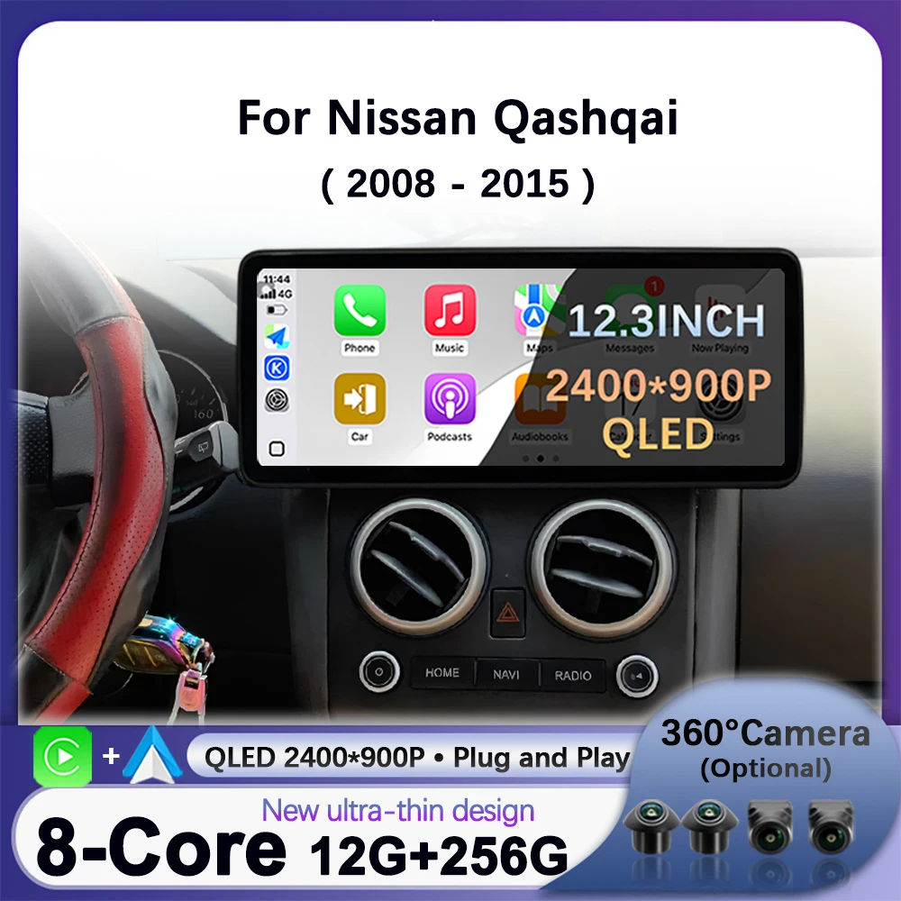 

Автомобильный радиоприемник Android 14 для Nissan Qashqai 2008-2015, мультимедийный плеер, стерео GPS Carplay Auto, 4G, WIFI, 12,3 дюйма, головное устройство, без 2 din DVD