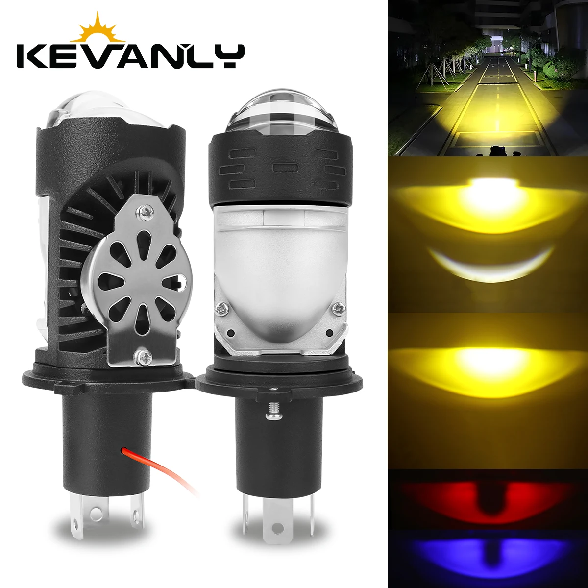 H4 Projector Lens LED Headlight with Red Blue Demon's Eye Motorcycle Plug Play Turbo Fan Lamp High Low Beam Wireless Auto Bulb