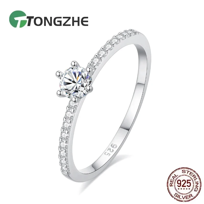 TONGZHE Classic Simplicity Gorgeous Shiny Zircon Single Ring For Women 925 Sterling Silver Engagement Quality Fine Jewelry