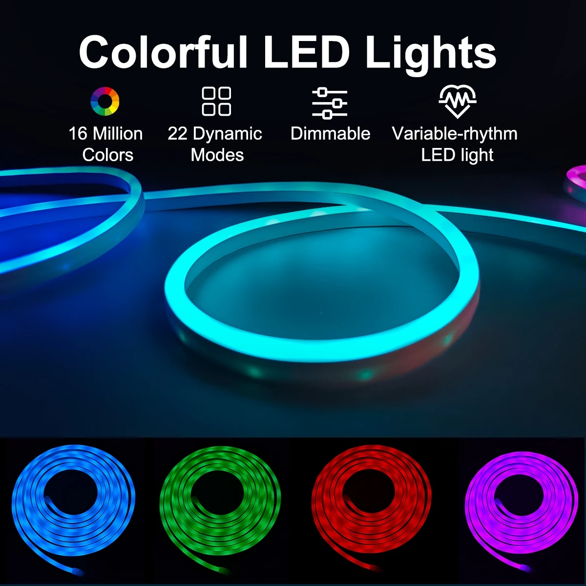 RGBIC Smart WIFI USB Neon LED Strip Lights مع مزامنة الموسيقى وتأثيرات المطارد، التحكم الصوتي Alexa/Google، للديكور الداخلي والخارجي