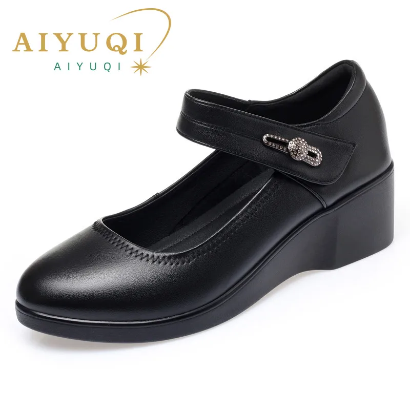 AIYUQI Women Spring Shoes Genuine Leather Large Size 41 42 Casual Wedge Women Shoes Shallow Mouth Rhinestone Shoes Ladies