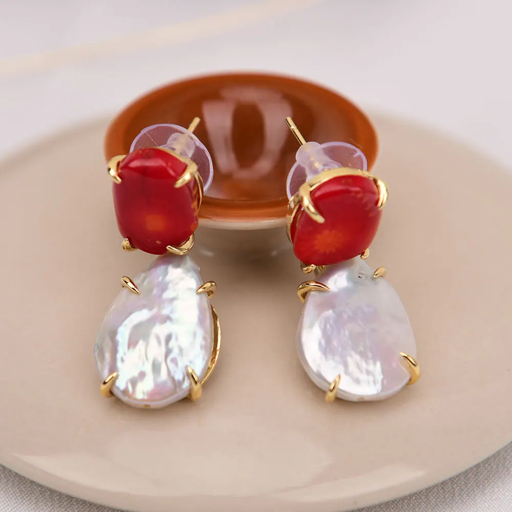 GG عملة بيضاء مثقفة كيشي لؤلؤة مطلية بالذهب المرجان الأحمر أقراط متدلية هدايا مجوهرات الحفلات