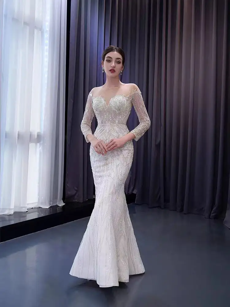 Detachable Tail Women's Christmas Lace Up Sequin Slim Fit Mermaid Satin Wedding Dress With Long Sleeves Illusion V-neck 2024 New