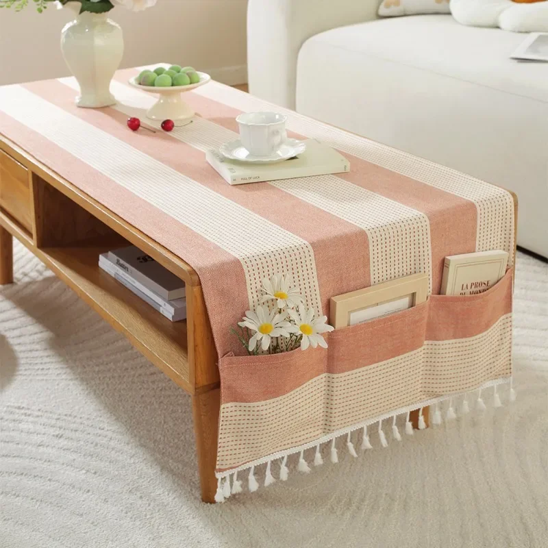 Modern Solid Color Color Desk Mat Cotton Linen Hollowed Out Tassels Pendant Tablecloths Rectangular Storage Pocket  Tables Pad