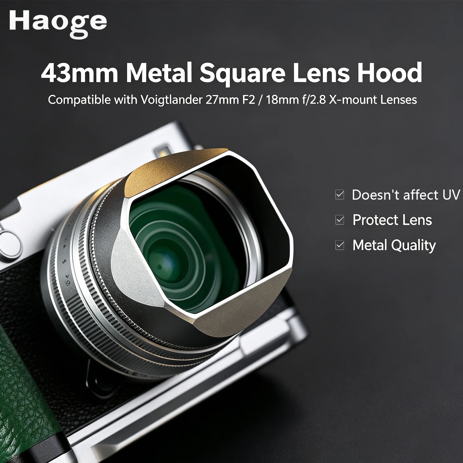 Haoge 43 mm quadratische Gegenlichtblende aus Metall für Voigtlander ULTRON 27 mm F2 Asph Fuji X-Mount-Objektiv, COLOR-SKOPAR 18 mm f/2,8 Asph Xmount-Objektiv – Detail 5
