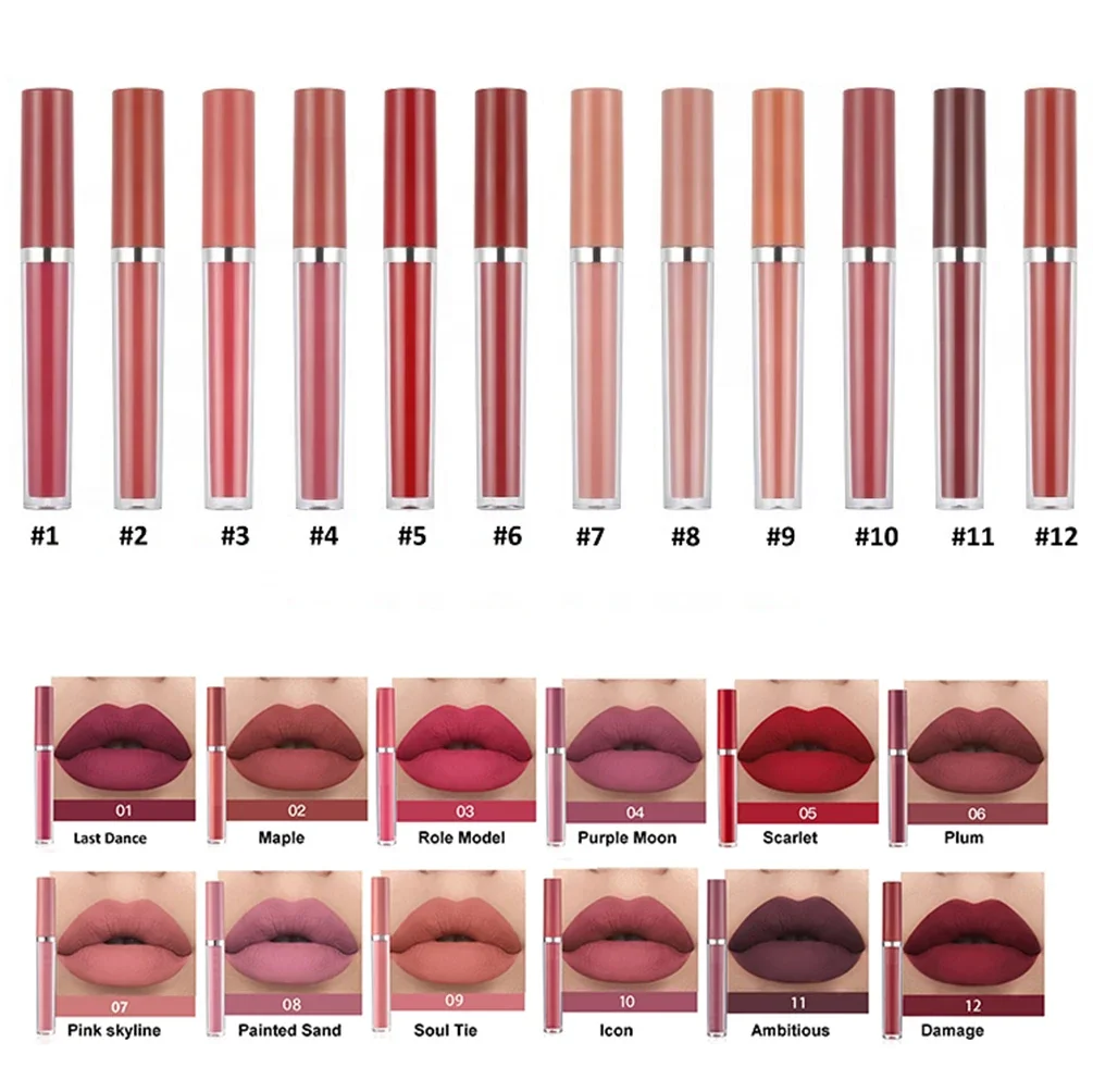 Rouge à lèvres liquide longue durée avec logo personnalisé, maquillage nude sexy, tasse antiarina, facile à appliquer, 12 couleurs, 256 couleurs, marque privée, vente en gros