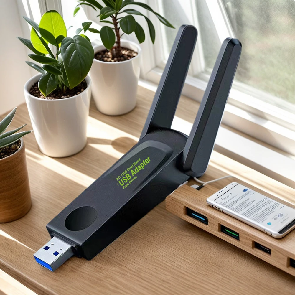 Adapter WiFi Dual Band 1300Mbps USB 3.0, penerima WiFi nirkabel 2.4G 5Ghz, antena ganda Gain tinggi 802.11ac untuk Laptop PC Win 10/11