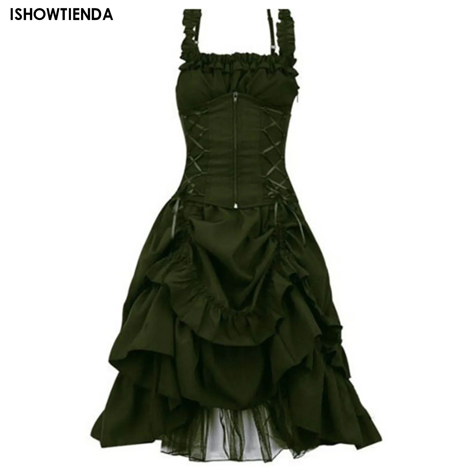 Women's Gothic Prom Dress Slim Irregular Straps Corset Lace Black Dresses Steampunk Gothic Prom Evening Cocktail Formal Gown