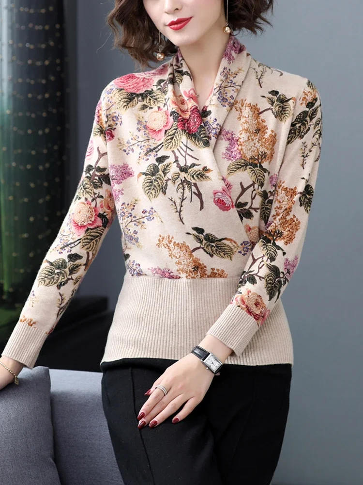 

Print Sweaters Autumn Spring Soft Cross V Neck Knit Pullover Pull Femme Female Casual Jumper Long Sleeve Women's Sweater