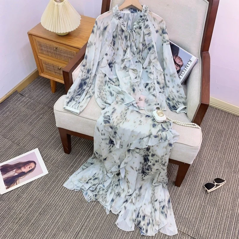 

Корейский комплект: леопардовая юбка с рюшами и длинным рукавом, женский осенний модный наряд с асимметричным подолом