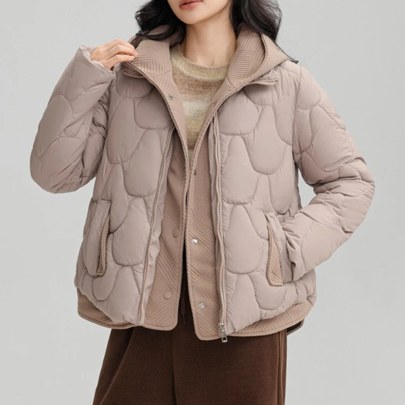 New 2026 Loose Korean Fashionable Winter Cotton-padded Thickened Jacket Solid Spliced Hoodies Vintage Casual Loose Woman