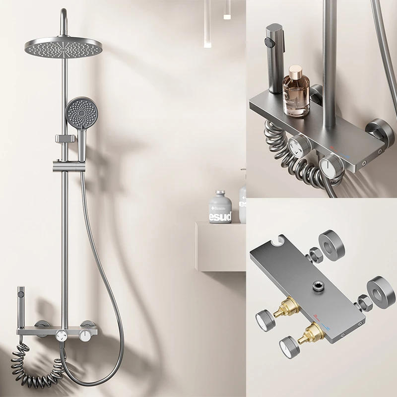 

Bathroom Four-function Knobbed Hot Cold Shower System Space Aluminum Wall Mounted Rainfall Pressurized Shower Faucet Set