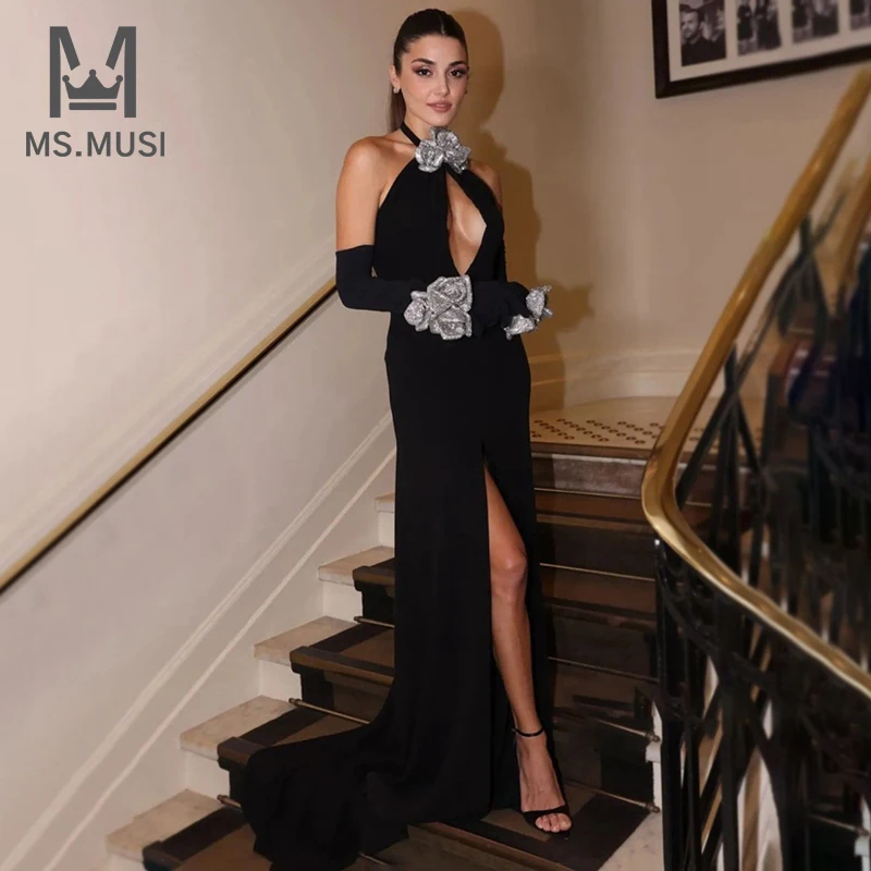 MSMUSI 2024 New Fashion Women Sexy Halter Off The Shoulder Rose Floral Hollow Out Backless Bodycon Party Event Slit Maxi Dress