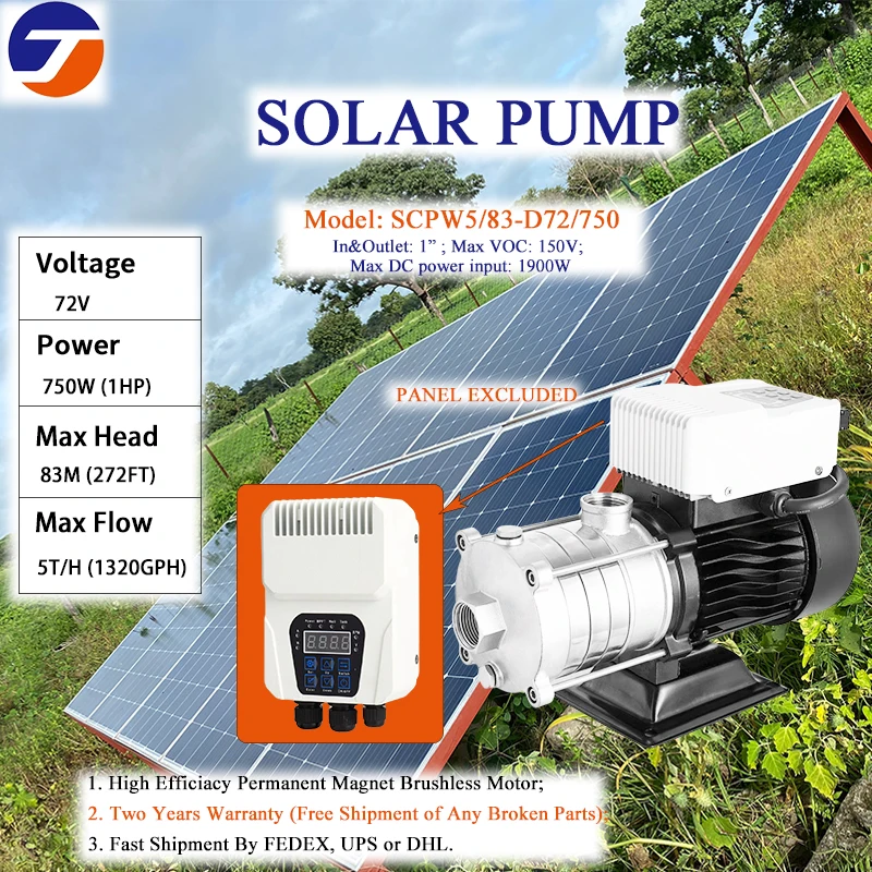 

Солнечный самовсасывающий насос 48 В 72 В MPPT Контроллер 0,7 л.с. 1 л.с. Поверхностный водяной насос с крыльчаткой SS304 Бесщеточный двигатель постоянного тока для орошения