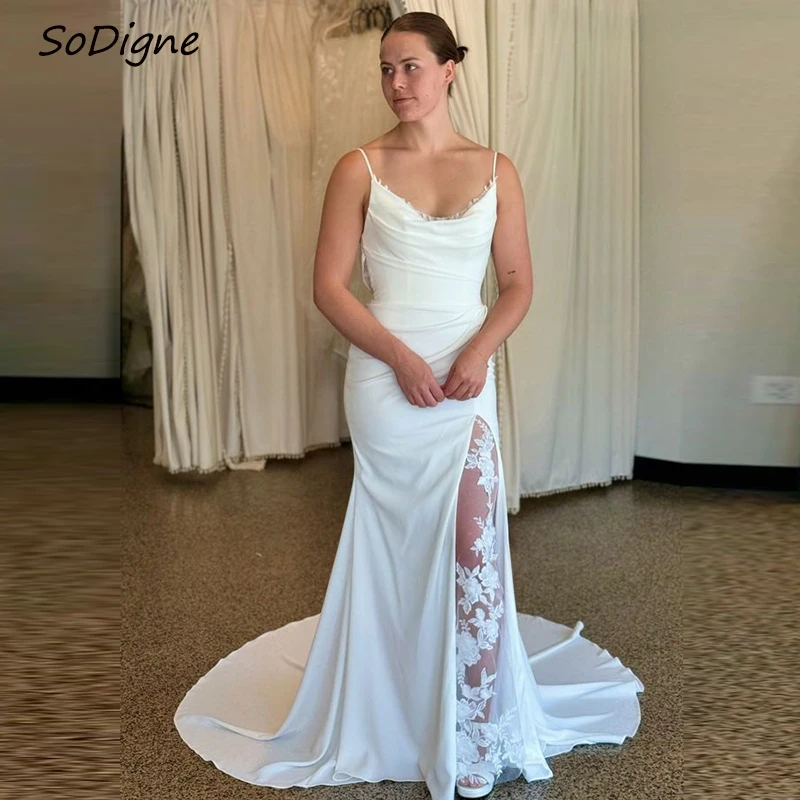 

SoDigne Mermaid Elegant Wedding Dress Sleeveless Appliques Satin/Lace Bride Dresses 2025 Split Bridal Gown Vestido De Noiva