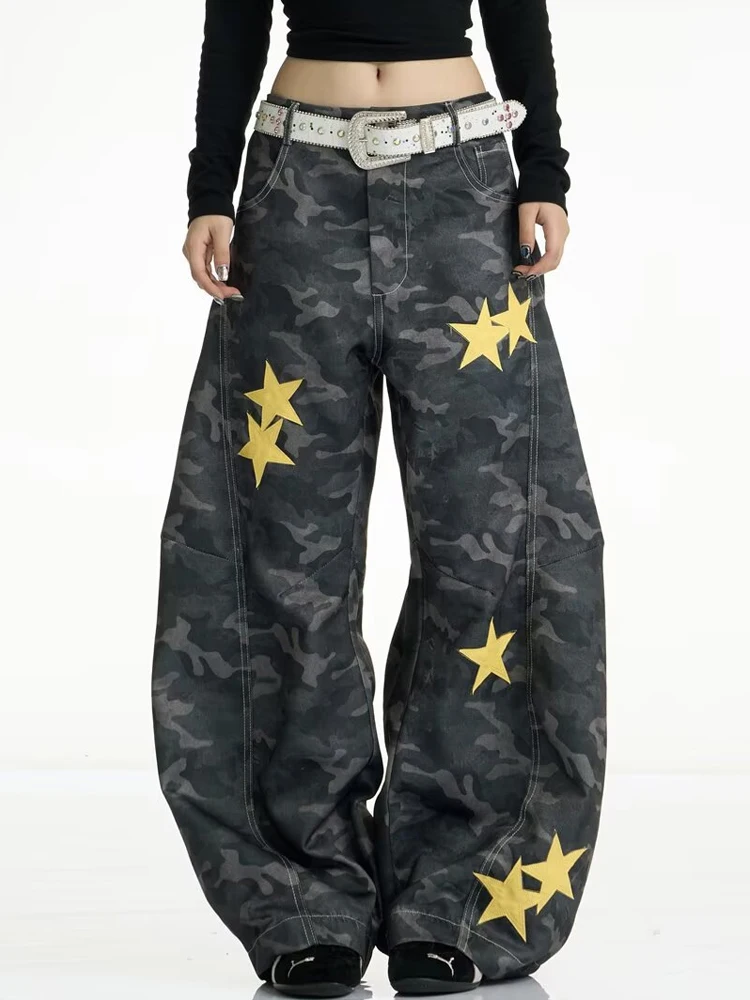 

BKQU Baggy Denim Pants Women Camouflage Star Y2K American Baggy Jeans 2026 New Hip-hop Jeans Loose Wide Leg Trousers Fashion