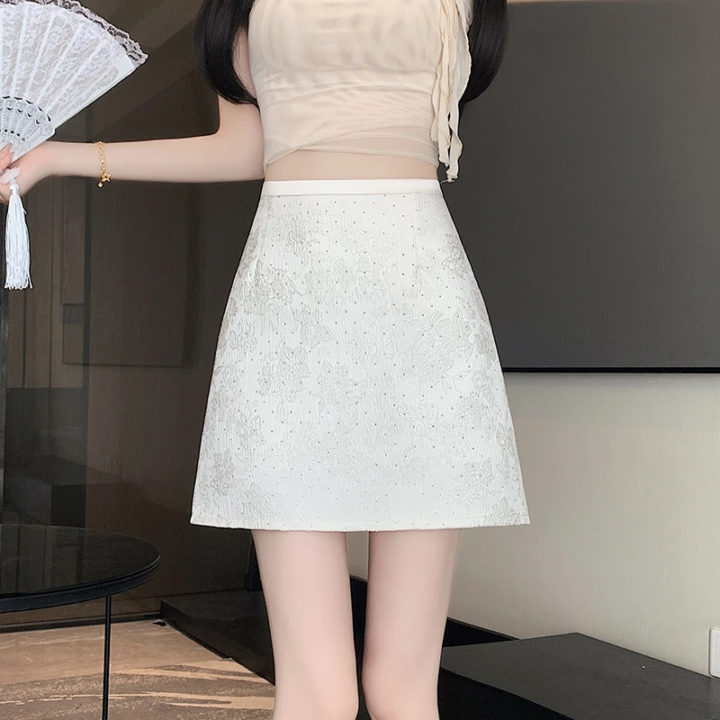 GAODINGLAN Breathable Jacquard Summer Skirts Women Solid Hip Wrap Mini Skirt High Waist A Line Rhinestone Female Slim Sexy Skirt