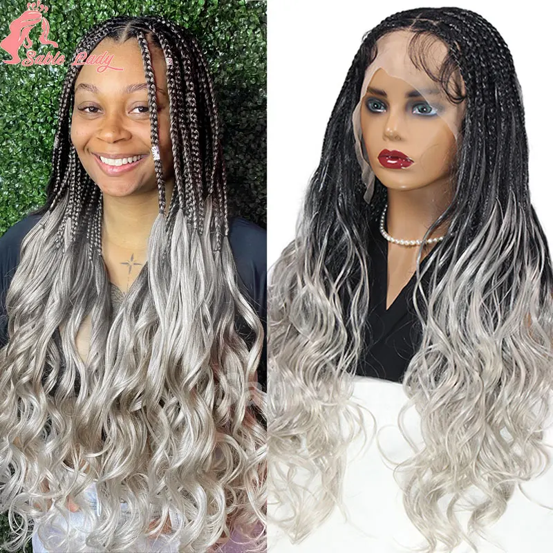 

Ombre Grey Cornrow Braided Wigs Synthetic French Curls Full Lace Front Wig Box Braids Wig Jumbo Braided Lace Front Wigs Wavy End