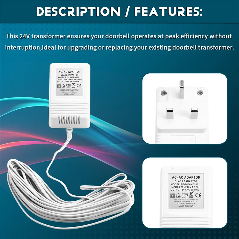 SQPP-24V Doorbell Transformer Adapter  For Video Doorbells Enhanced Performance & Easy Installation UK Plug
