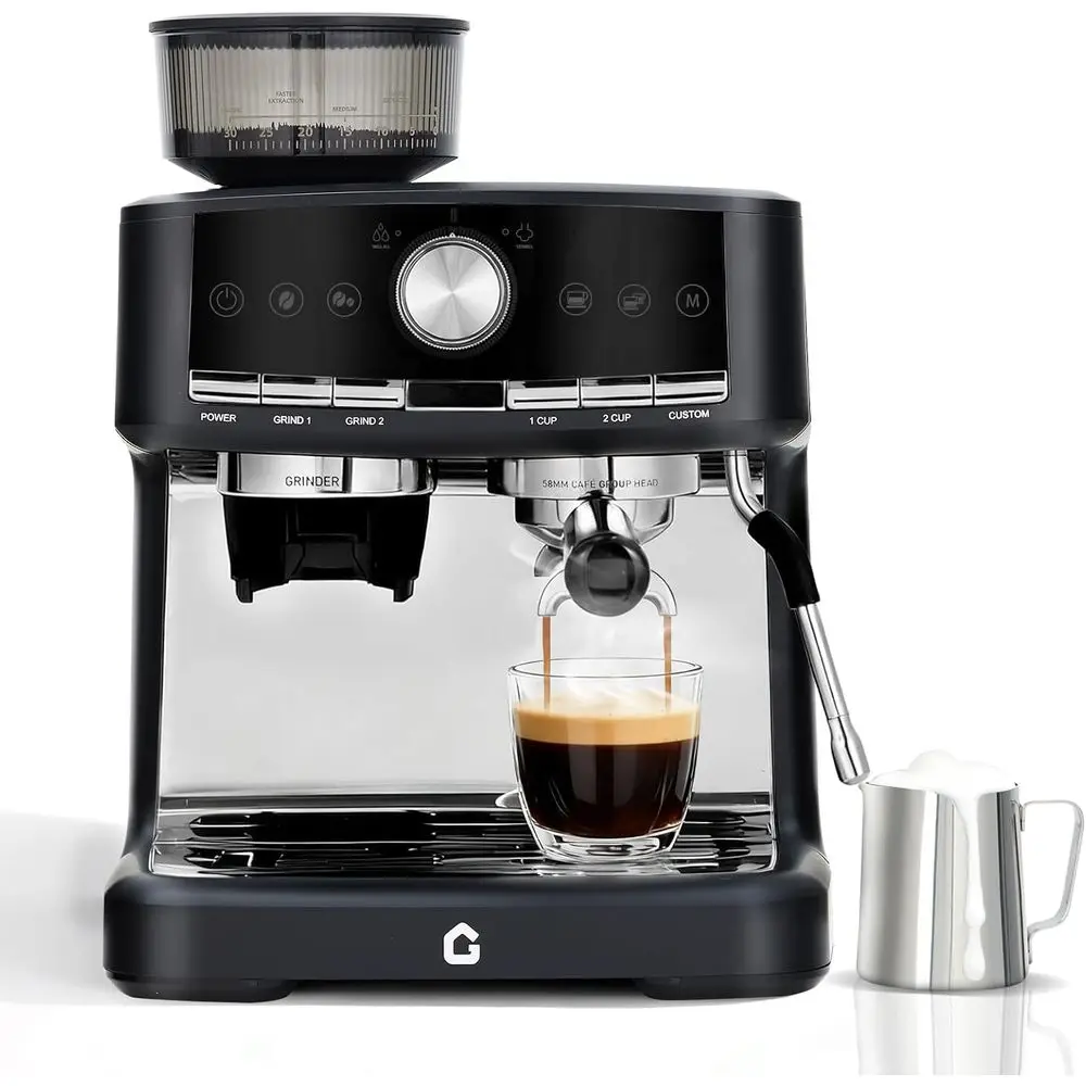 

20 Bar Prure StainlSteel hine with Grinder, 1.5L Removable Water Tank, Milk rother Steam Wand or Latte/puccino - Adjustable Shot