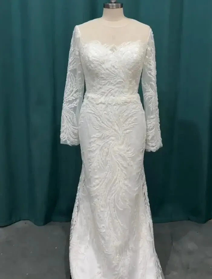 تخصيص 2025 فاخر حورية البحر فساتين لحضور الحفلات الموسيقية بأكمام طويلة ورقبة مستديرة مطرز دانتيل حورية البحر فستان الزفاف مع ذيل قابل للانفصال