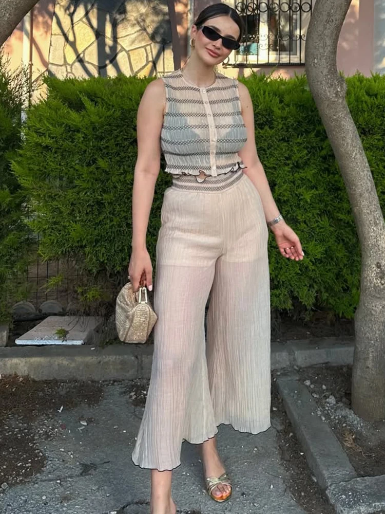HH Women Pleated Vest Pants Two Piece Set Summer Fashion O-Neck Sleeveless Buttons Tops Elastic Waist Translucent Wide Leg Pants