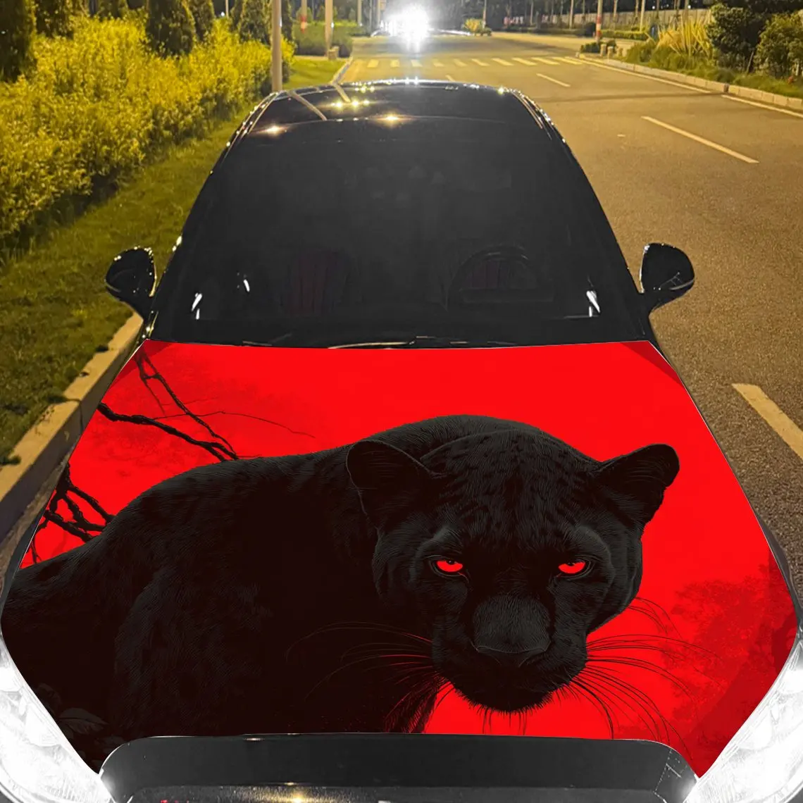 Car Decals Panthers with Smooth Fur, Piercing Red Eyes, and a Vibrant Red Backdrop Car Hood Sticker, Waterproof Self - Adhesive