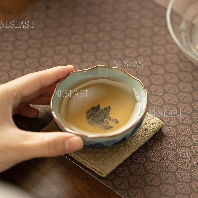 1pc Blue and White Porcelain Landscape Teacup Crackle Glaze Flower‑Mouth Ceramic Master Cup Chinese Kung Fu Tea Drinking Cup