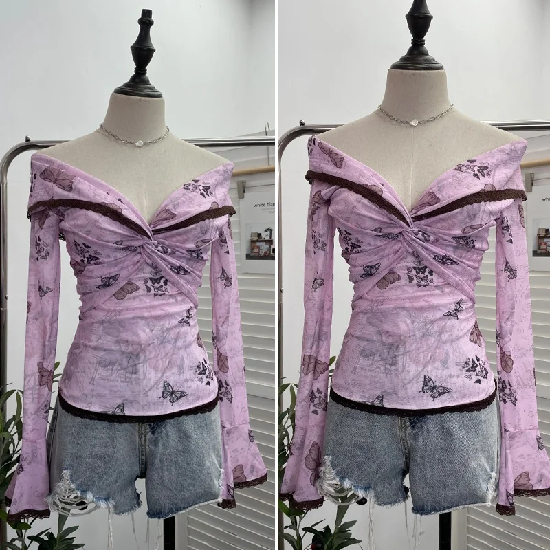 슬리밍 효과 원 숄더 긴 소매 큰 칼라 티셔츠 패셔너블한 디자인 프린트 캐주얼웨어 폴리에스터 소재