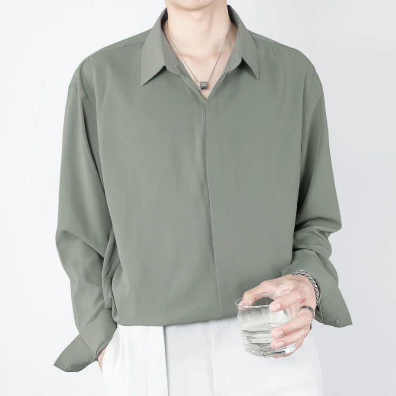 Camisa de seda de hielo de lujo para hombre, blusa informal de negocios de moda coreana, suelta, drapeada, Color sólido, con botones, para primavera