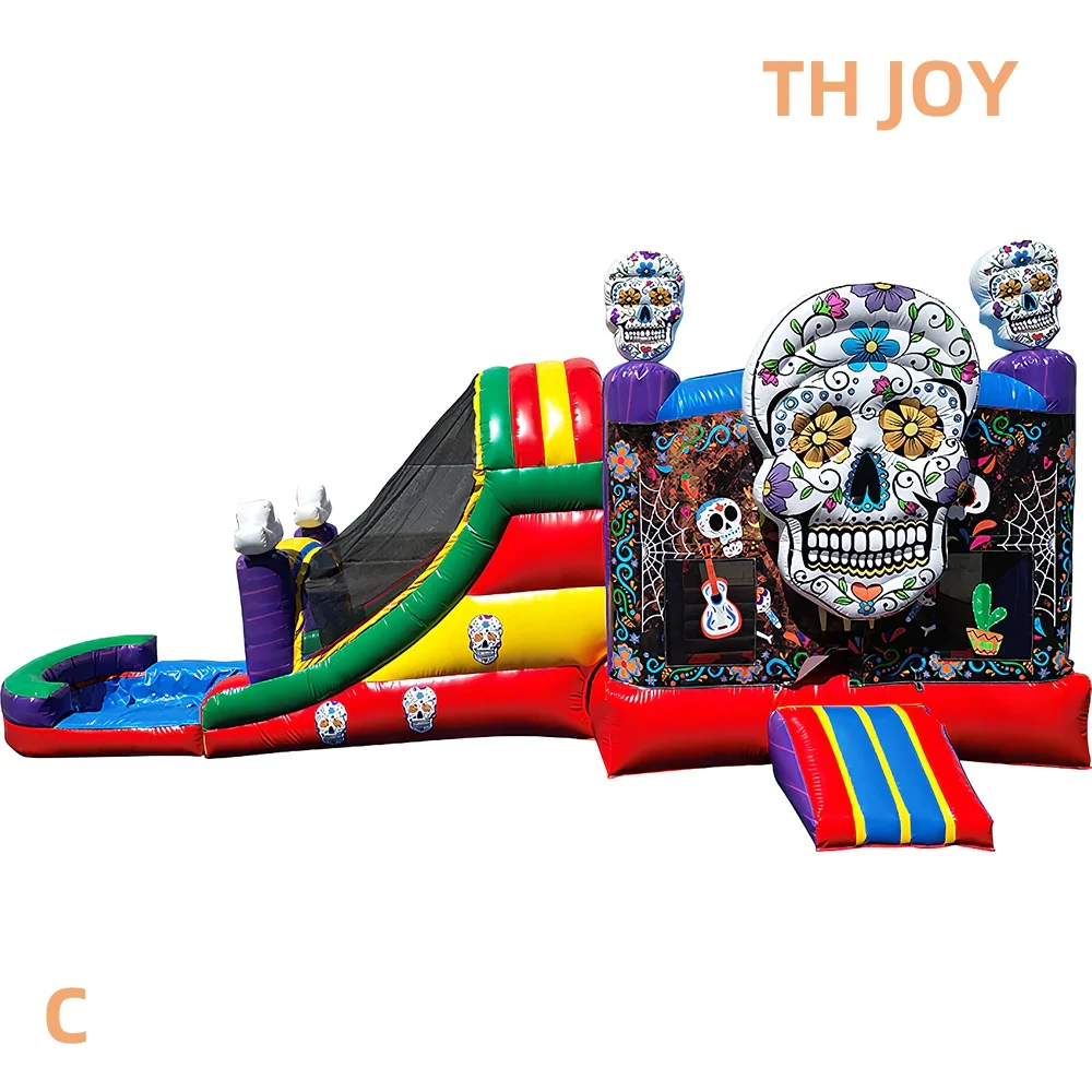 Par navire à porte, maison squelette gonflable avec toboggan, grande fête, crâne gonflable, maison de rebond, Combos de videur fantôme d'halloween