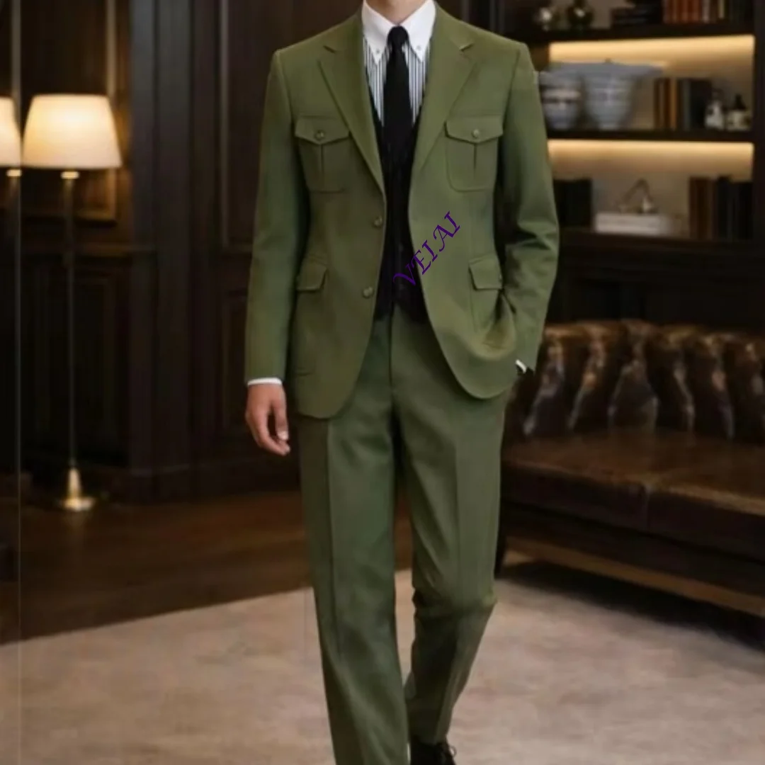 Men's Slim Fit 2 Piece Suit Customized Fashion Design Multi Pocket Single Breasted Notch Lapel Casual Daily Jacket And Pants