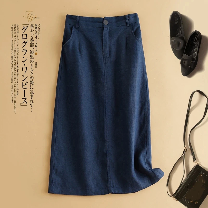 Women Summer Skirts High Waist Fashion Loose Solid Color Cotton Linen Skirt Female Casual Thin A-line Long Skirts