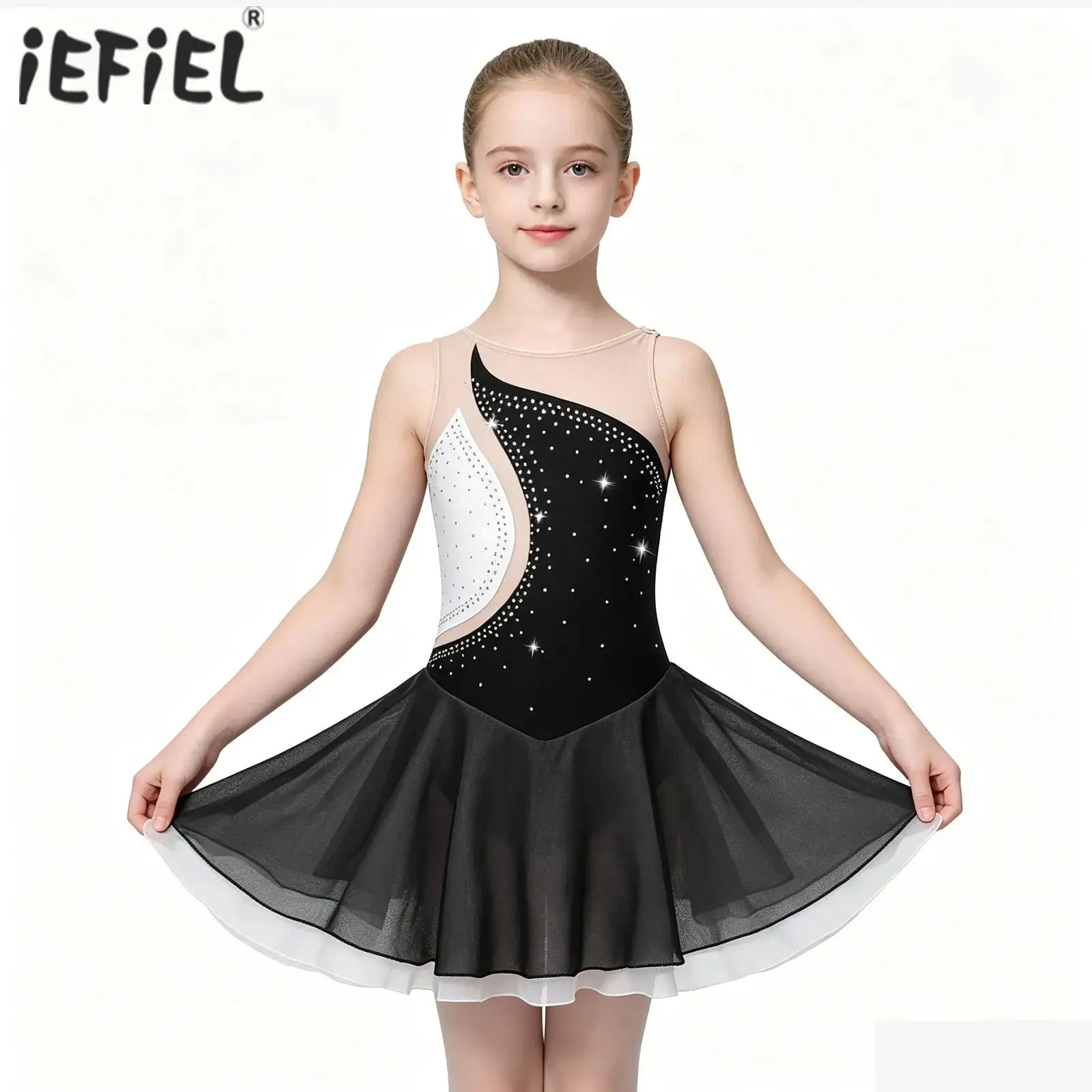 Kids Girls Shiny Rhinestone Figure Skating Ballet Jersey Tutu Dress Rhythmic Gymnastics Ballet Lyrical Dance Performance Costume