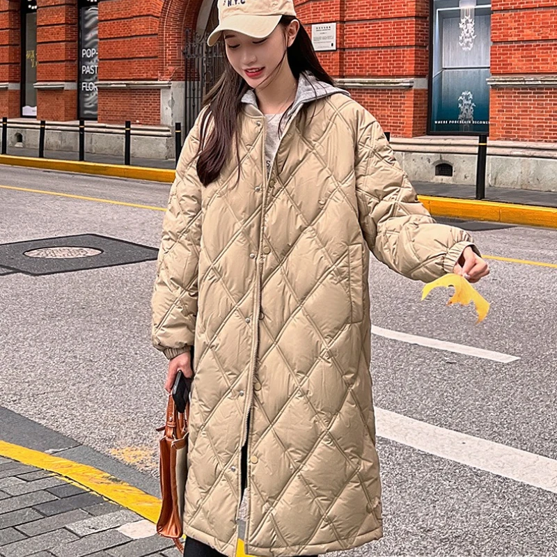 Autumn Winter Women Rhombus Cotton Padded Jacket New Solid Removable Hat Mid Long Cotton Clothing Female Loose Coat Outerwear