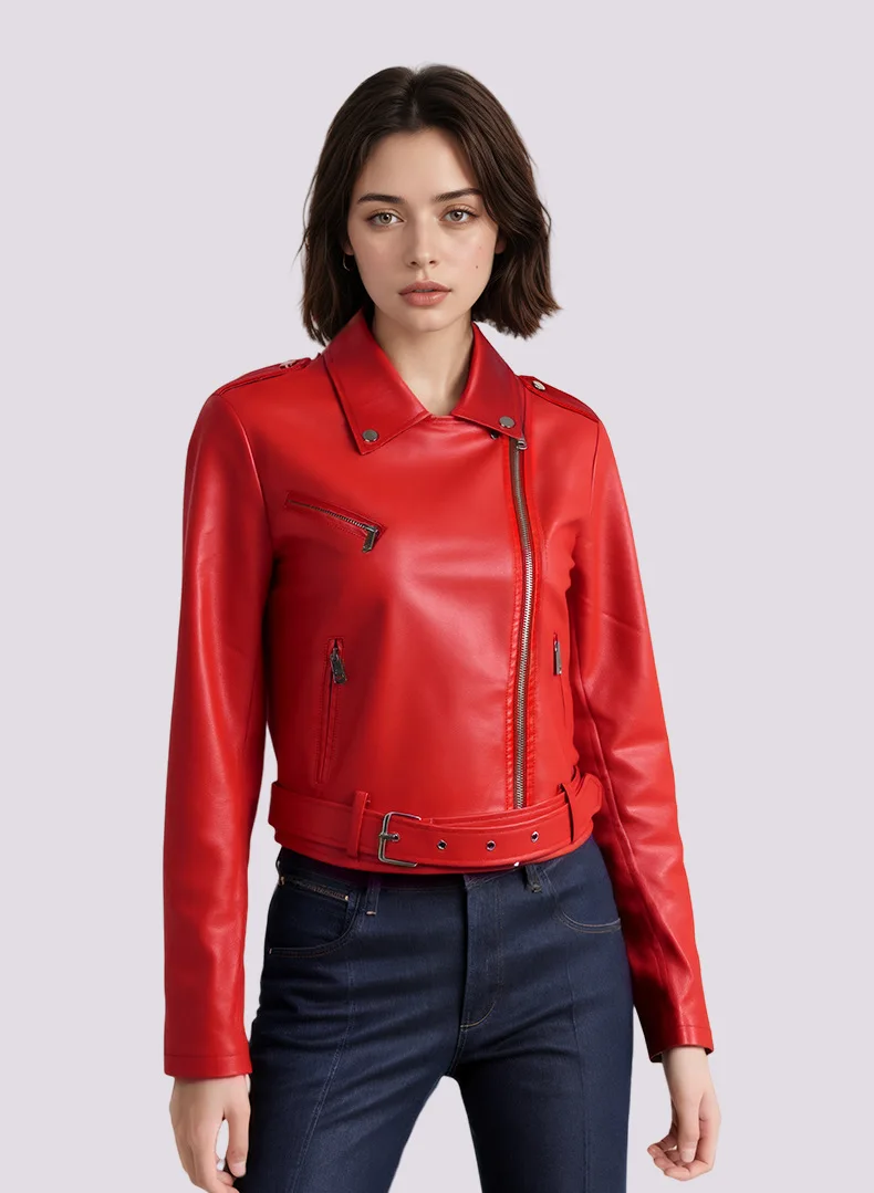 2026 new lapel zipper short belt women's PU leather jacket simple leather jacket motorcycle windproof jacket tops
