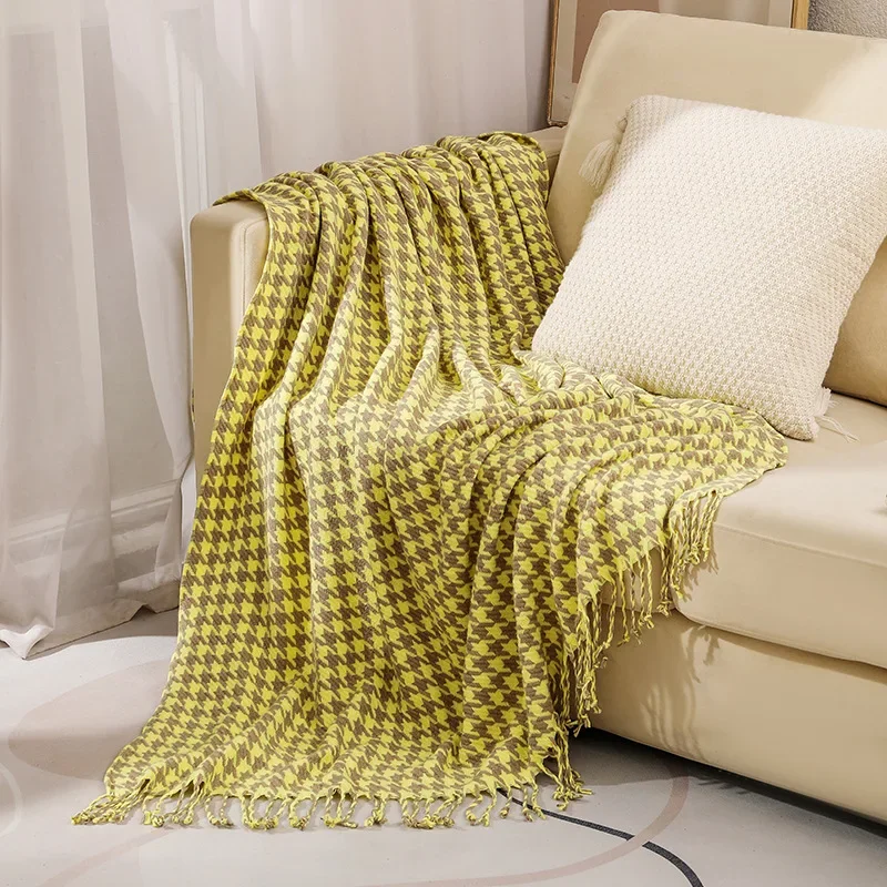 

Houndstooth Knitted Blanket Modern Minimalist Yellow Air Conditioning Cover Blanket Nordic Style Acrylic Small Blanket,Throws