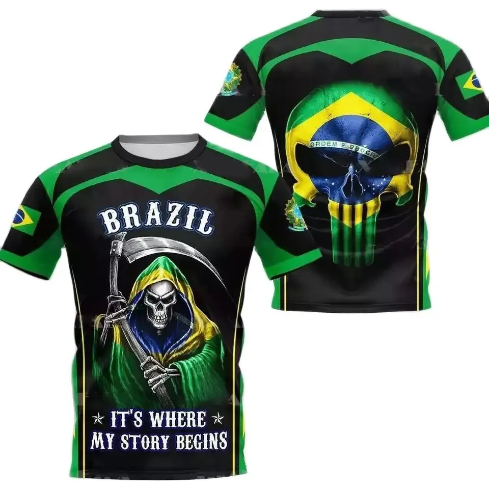 Brazil Flag Soccer 3D Harajuku Print Men's Children Sports Casual Short Sleeve Crew Neck Even Size Summer Jersey Comfortable