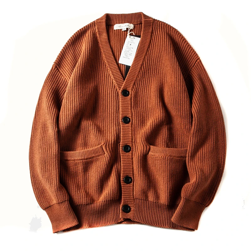 Heavyweight American Retro 100% Cotton Thick Knitted Sweater V-neck Solid Color Loose Shoulder Cardigan Jacket Autumn Winter