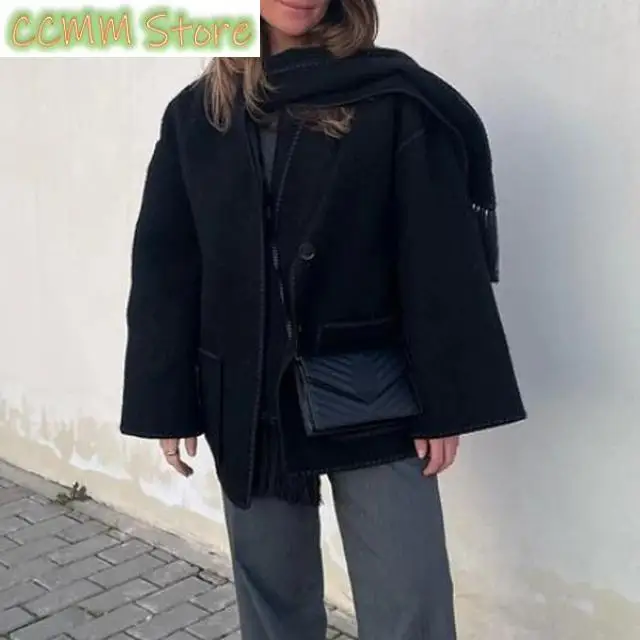 Hepburn Style Women Tassel Woolen Cape Coat With Scarf Retro Patchwork Long Sleeve Loose Outerwear Jacket Female Casual Overcoat