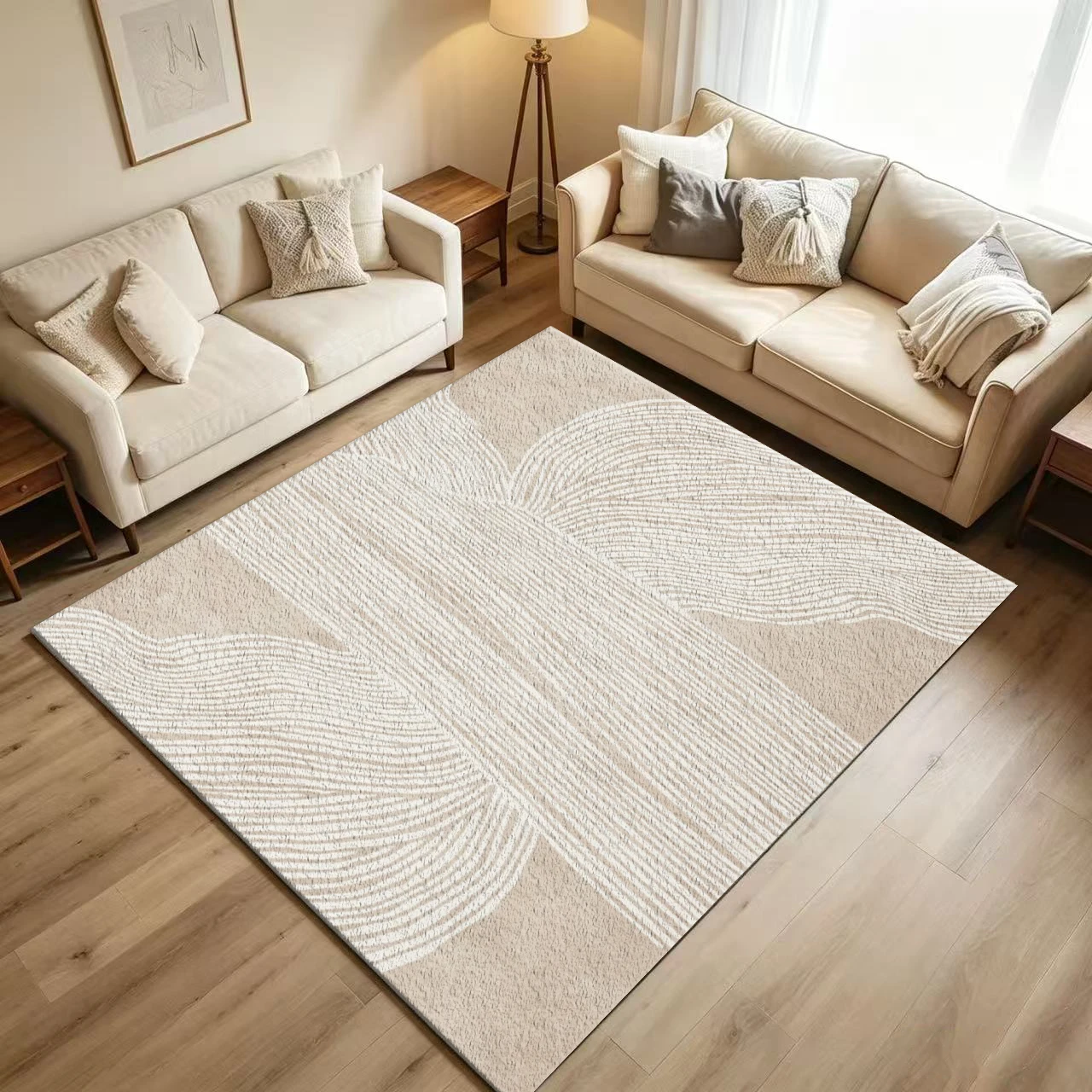 Beige Cream Wavy Line Abstract Carpet Flooring Boho Textured Large Area Rug for Living Room Household Decor