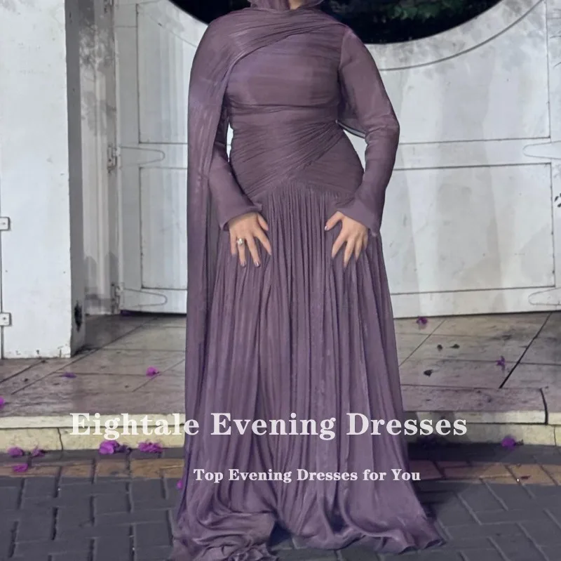 ชุดราตรีอาหรับแบบเอแปตเทล คอทรงโอ จับจีบ ผ้าเครป สีม่วงแบบมุสลิม แขนยาว ทรงเอไลน์ สำหรับงานพรอม งานแต่งงาน และงานเลี้ยงต่างๆ