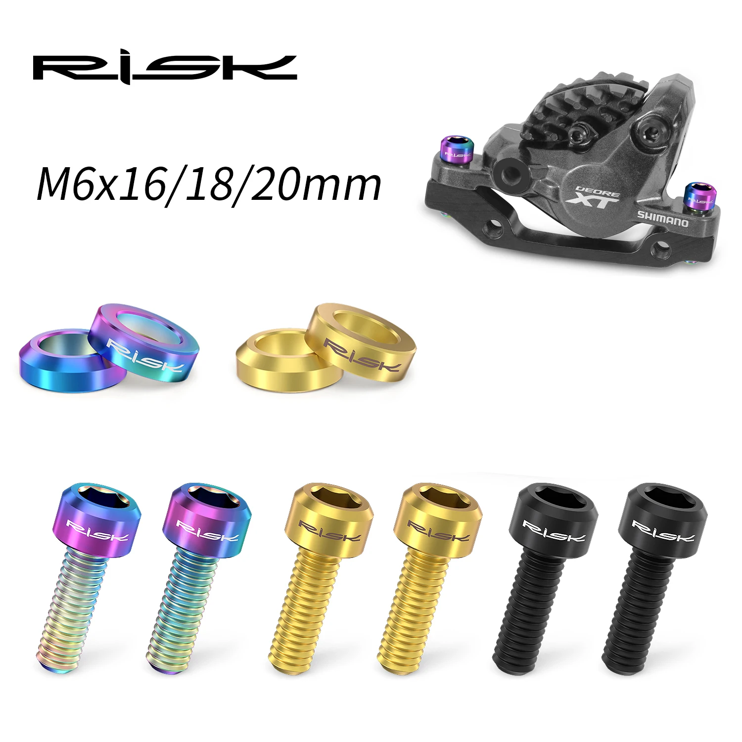 Крепежный болт гидравлического дискового тормоза для велосипеда Risk, вогнутая выпуклая прокладка для тормоза Shimano XT XTR M6x16/18/20 мм, аксессуары для велосипеда Крепежный болт гидравлического дискового тормоза для велосипеда Risk, вогнутая выпуклая прокладка для тормоза Shimano XT XTR M6x16/18/20 мм, аксессуары для велосипеда