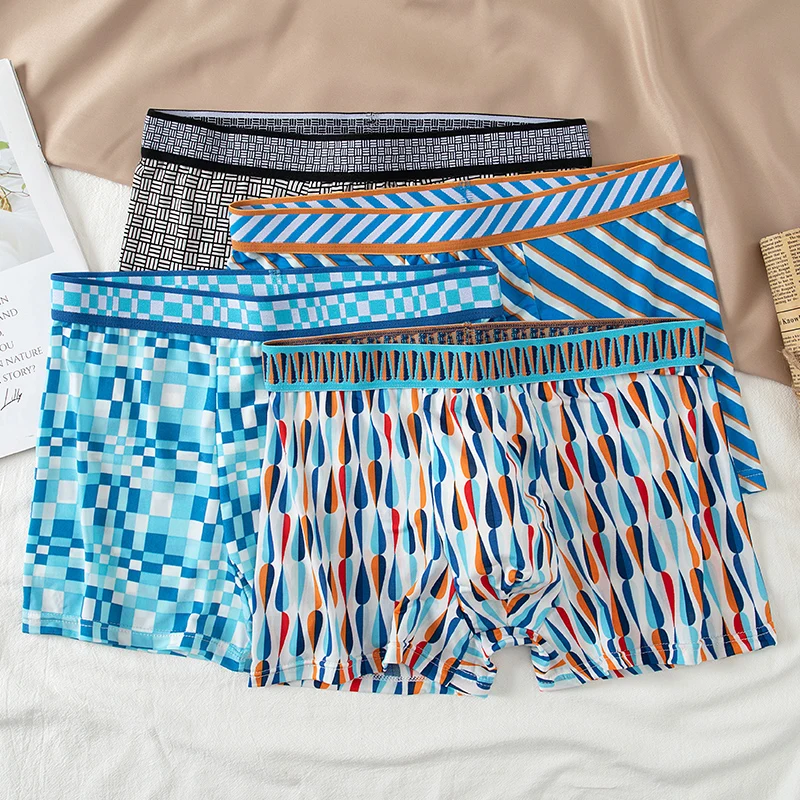4-Piece Four Seasons Men's Flat Pants Fashion Ice Silk Sweat Absorbing Sports Comfortable Shorts Printed Casual Four Corners