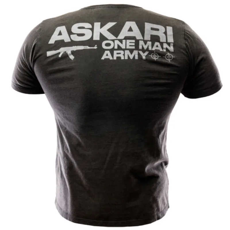 Men's ASKARI ONE MAN ARMY Graphic T‑Shirt Black Back Print Short Sleeve Tactical Style Y2K Oversized Loose Casual Streetwear Top