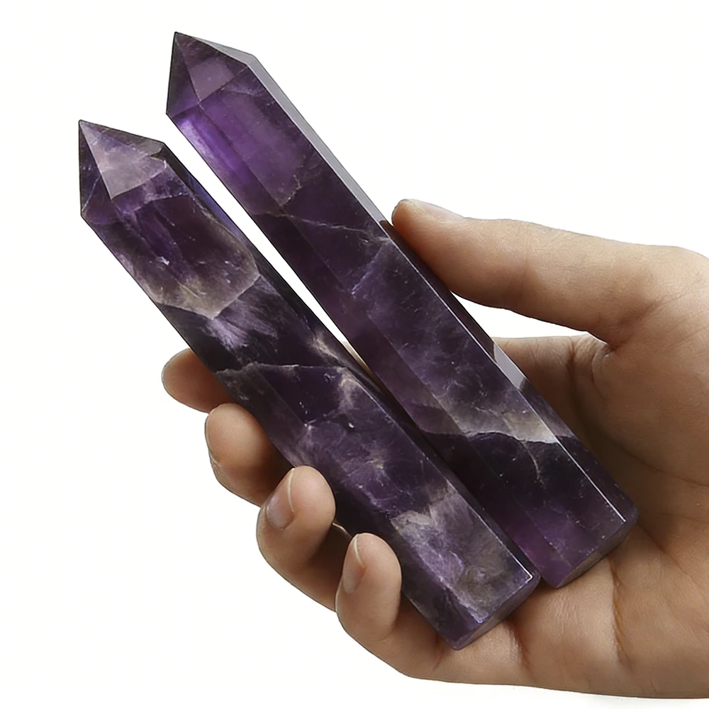 

5.91" Tall Amethyst Stone Single Pointed Hexagonal Prism Crystal Point Wand Home Decor Stone Crafts Crystal Tower 2pcs Set