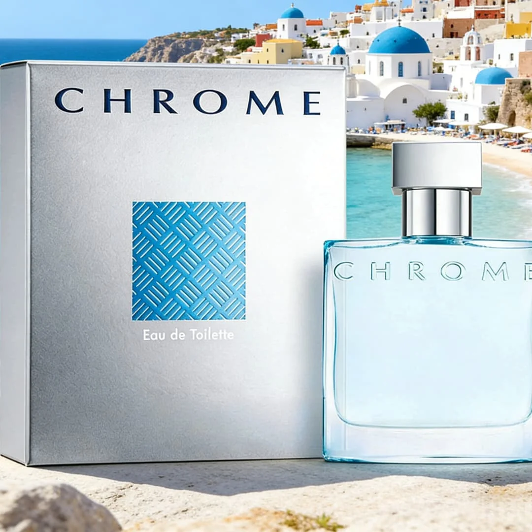 Azzaro Chrome Eau de Toilette | Elegante botella de vidrio azul, notas frescas acuáticas y fougère, aroma viril y limpio.