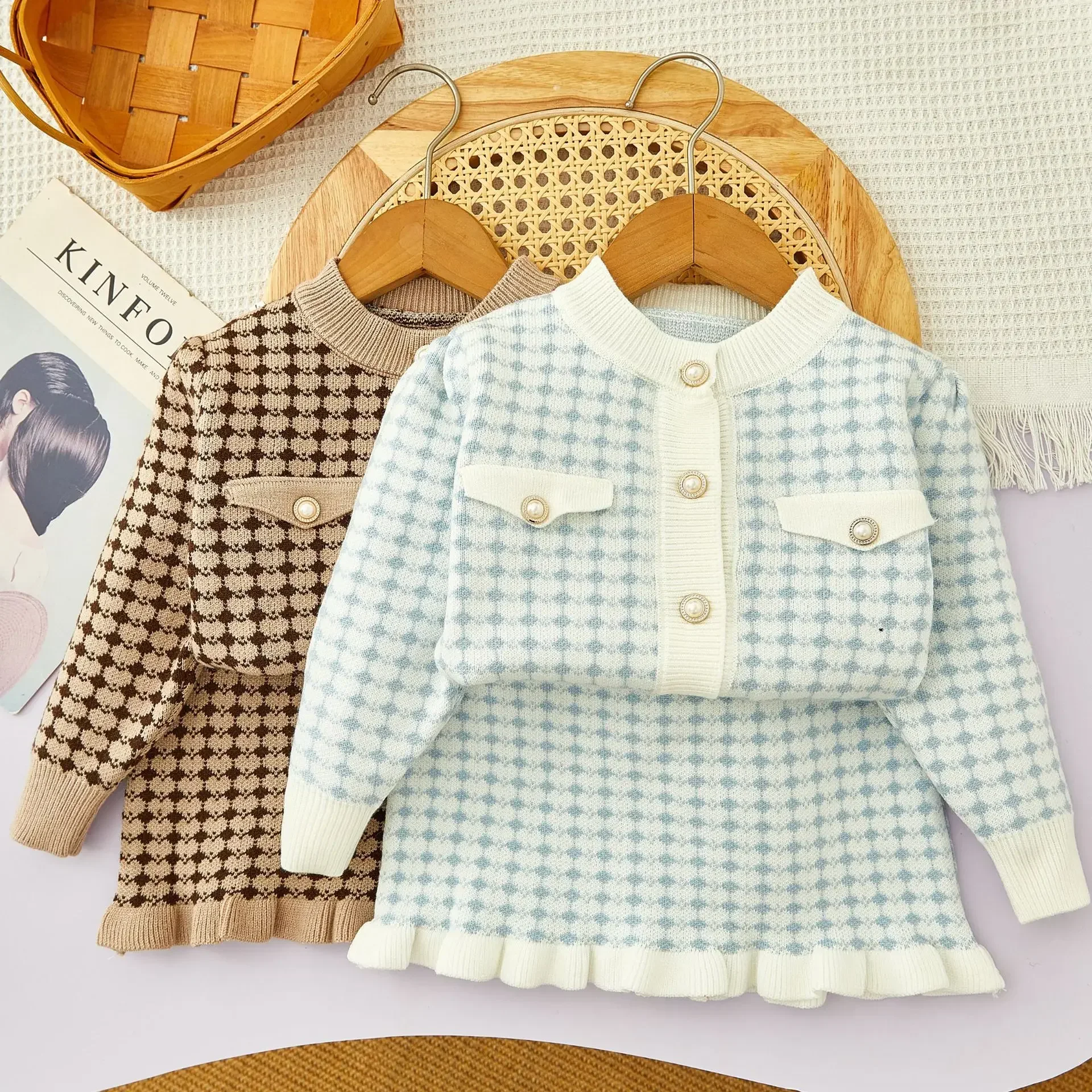 Kinder kleidung Mädchen kariert bedruckte einreihige Strickjacke kurzer Rock Herbst/Winter zweiteiliges Set modische Mädchen kleidung