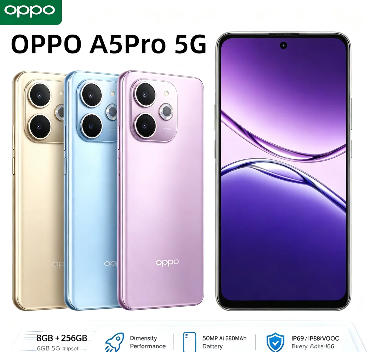 2026 New Arrival OPPO A5Pro Unlocked Dual‑SIM Cellphone 8+256GB Storage 6.5'' HD+ Waterdrop Display Helio P35 Octa‑Core